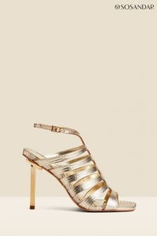 Sosandar Gold Leather Gladiator Square Toe Strap Sandals (E14053) | $173