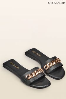 Sosandar Black Paradiso Chain Detail Flat Leather Mules Sandals (E14055) | MYR 270