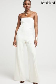 River Island Cream Bandeau Wide Leg Jumpsuit (E14172) | $69