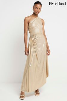 River Island Gold Asym Pleat Slit Midi Dress (E14191) | kr920