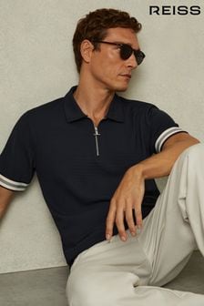 Reiss Navy Bristol Textured Contrast Trim Half-Zip Polo Shirt (E14399) | SGD 215