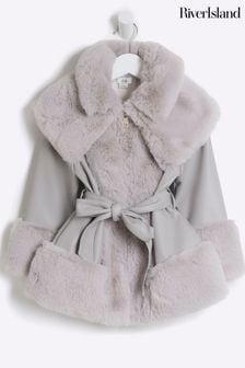 River Island Grey Girls Faux Fur Leather Wrap Coat (E14442) | KRW89,700