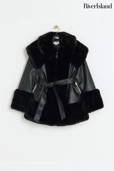 River Island Black Girls Faux Fur Leather Wrap Coat (E14443) | kr950