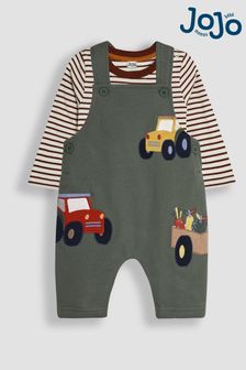 JoJo Maman Bébé Khaki Tractor Appliqué Texture Dungarees & Top Set (E14552) | $48