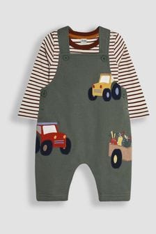 JoJo Maman Bébé Khaki Tractor Appliqué Texture Dungarees & Top Set (E14552) | $48