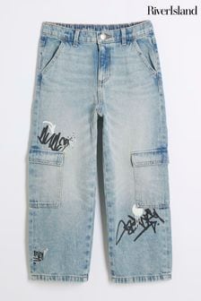 River Island Blue Boys Denim Graffiti Cargo Jeans (E14590) | ￥4,340