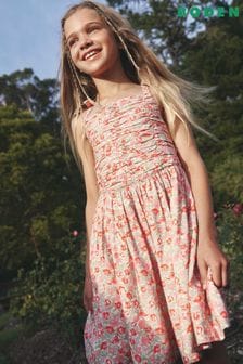 Boden Pink Floral Ruched Cotton Linen Dress (E15070) | Kč1,545 - Kč1,745