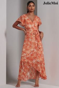 Oranžna - Jolie Moi dolga obleka iz šifona z naborki Jolie Moi Haylie (E15383) | €89