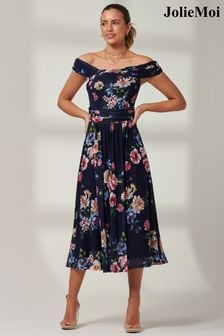 Jolie Moi Blue Floral Bardot Mesh Midi Dress (E15386) | 345 zł