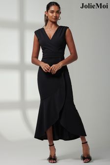 Jolie Moi Black Mabruka Frill Fishtail Maxi Dress (E15390) | OMR39