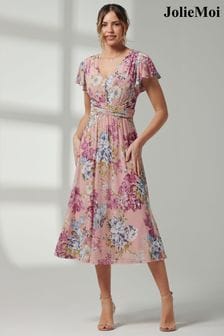 Jolie Moi Pink Angel Sleeve V-Neck Midi Dress (E15393) | €86