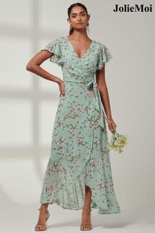 Jolie Moi Green Haylie Frill Chiffon Maxi Dress (E15394) | SGD 151