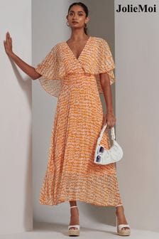 Jolie Moi Orange Kyra Pleated Chiffon Maxi Dress (E15395) | kr974