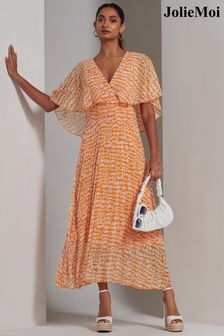 Jolie Moi Orange Kyra Pleated Chiffon Maxi Dress