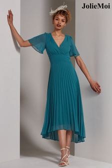Jolie Moi Teal Blue Elene Pleated High Low Chiffon Maxi Dress (E15396) | €118