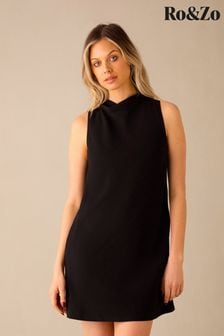أسود - Ro&zo Cowl Neck Linen Blend Shift Dress (E15642) | 438 د.إ