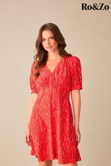 Ro&Zo Petite Red Dash Print Shirred Shoulder Short Dress