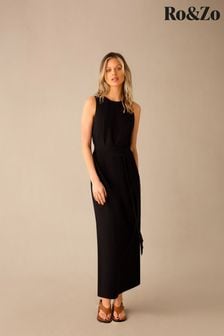 Ro&zo Linen Blend Tie Waist Column Midi Black Dress (E15662) | 567 ر.س