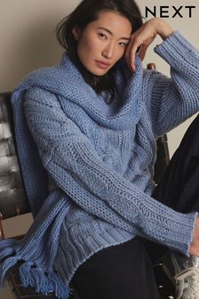 Blue Chambray Co-ord Cable Knit Chunky Tassled Scarf (E16003) | $39