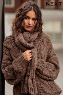 Brown Chocolate Co-ord Cable Knit Chunky Tassled Scarf (E16007) | $39