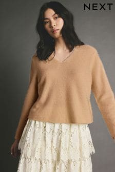 Camel Brown Premium 100% Cashmere V-Neck Knitted Jumper (E16077) | $242