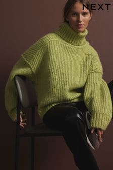 Green Khaki Olive - Chunky Rib High Roll Neck Knitted Jumper With Alpaca (E16246) | 1 280 K