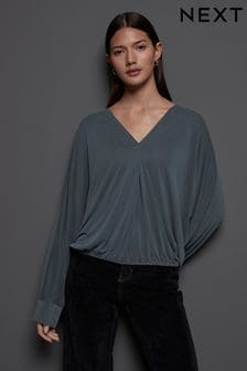 Grey Charcoal Long Sleeve V-Neck Bubblehem Blouse (E16354) | $48