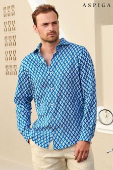 Aspiga Mens Blue Printed Linen Shirt