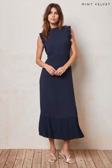 Mint Velvet Blue Pleated Trim Midi Dress (E16436) | €224