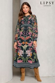 Lipsy Black Floral Placement Print Long Sleeve Midi Dress (E16500) | $103