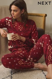 Burgundy Red Fairisle Pattern Cosy Long Sleeve Pyjamas (E16832) | $38