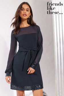 Friends Like These Navy Blue Long Sleeve Sequin Trim Mini Dress (E17445) | kr685