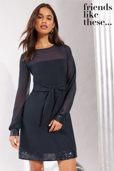 Friends Like These Navy Blue Long Sleeve Sequin Trim Mini Dress (E17445) | $82