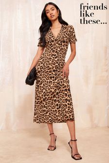 Friends Like These Leopard Animal Print Short Sleeve Wrap Style Midi Dress With Collar (E17468) | HK$411