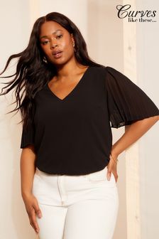 Curves Like These Black Short Sleeve Pleated Top (E17900) | €41