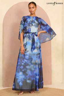 Love & Roses Navy Blue Floral Printed Cape Maxi Dress (E17967) | ₪ 397