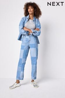 Mid Blue Patchwork Straight Leg 100% Cotton Jeans (E17972) | $78