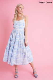 Another Sunday Blue Floral Scenic Print Ruffle Hem Tiered Strappy Midi Dress with Lace Trims