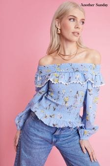 Another Sunday Blue Shirred Bardot Dobby Cotton Blouse Floral Print with Lace Trim (E18011) | $65