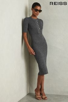 Reiss Grey Sandy Ribbed Wool Blend Midi Dress (E18014) | SGD 435