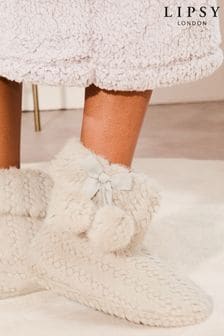 Lipsy Grey Super Soft Pom Faux Fur Nightwear Bootie Slippers (E18503) | BGN 75