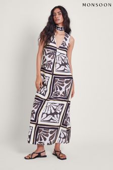 Monsoon Black Nelinha Print Linen Dress (E18876) | kr1,038