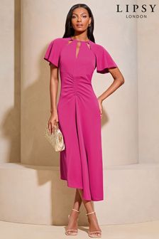 Lipsy Pink Petite Ruched Front Keyhole Cut Out Asymmetricalmetricalmetrical Midi Dress (E19661) | €83