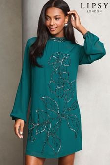 Lipsy Teal Blue Long Sleeve Hand Embellished Artwork Mini Shift Dress (E19807) | €94