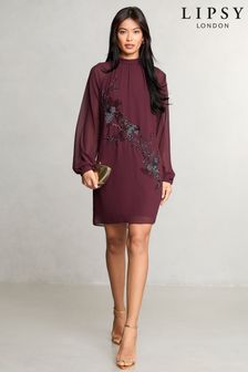 Lipsy Red Long Sleeve Hand Embellished Artwork Mini Shift Dress (E19813) | AED360