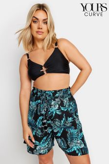 Yours Curve Black Tropical Print Crinkle Tassel Shorts (E19841) | €30