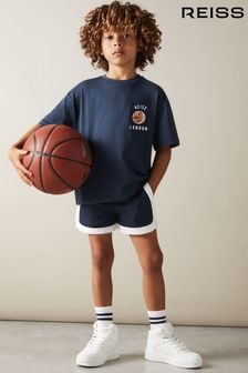 Reiss Washed Navy Kirby Junior Oversized Cotton Basketball Motif T-Shirt (E19939) | €33