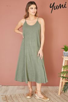 Zielony - Letnia sukienka midi Yumi z włoskiego lnu o luźnym kroju (E21120) | 315 zł