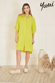 Yumi Green Linen Relaxed Fit Longline Shirt (E21130) | $130
