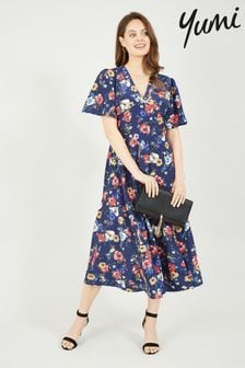 Yumi Blue Bird And Floral Print Midi Dress (E21131) | SGD 97